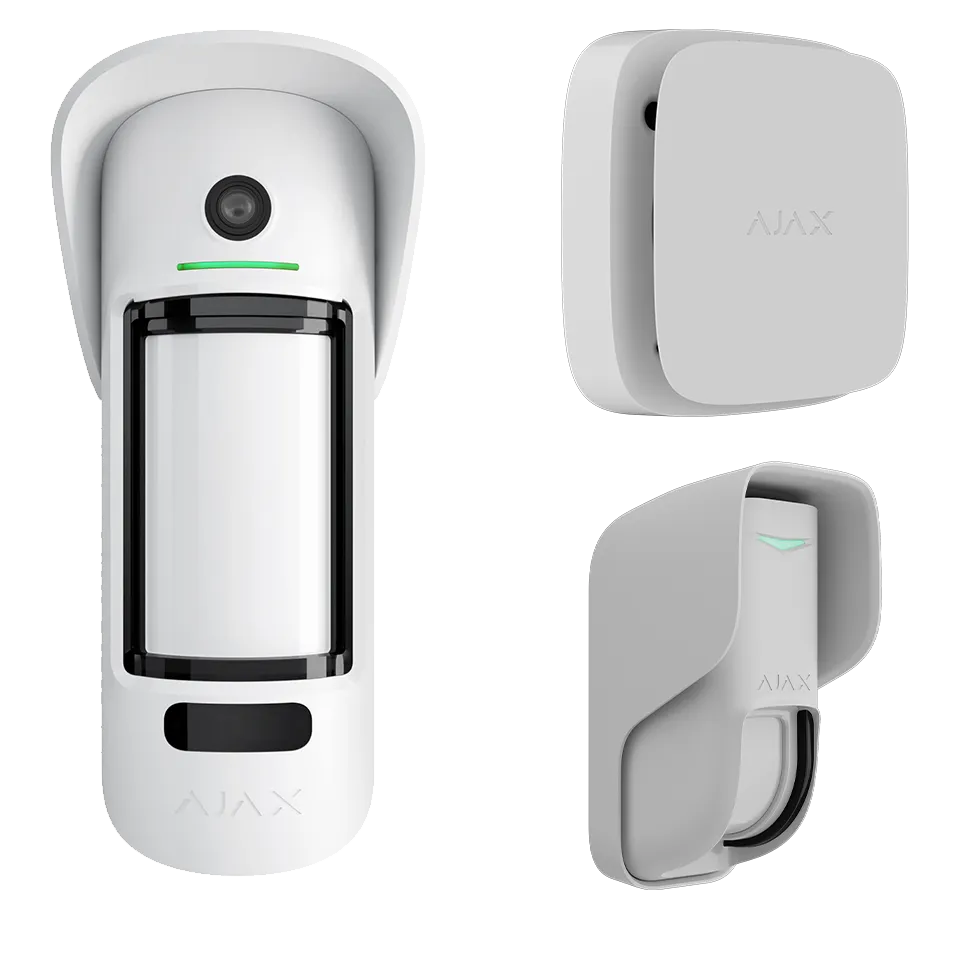 Three Ajax detectors CEECAM deploys: MotionCam Outdoor with its verification camera, FireProtect 2, and CurtainProtect Outdoor