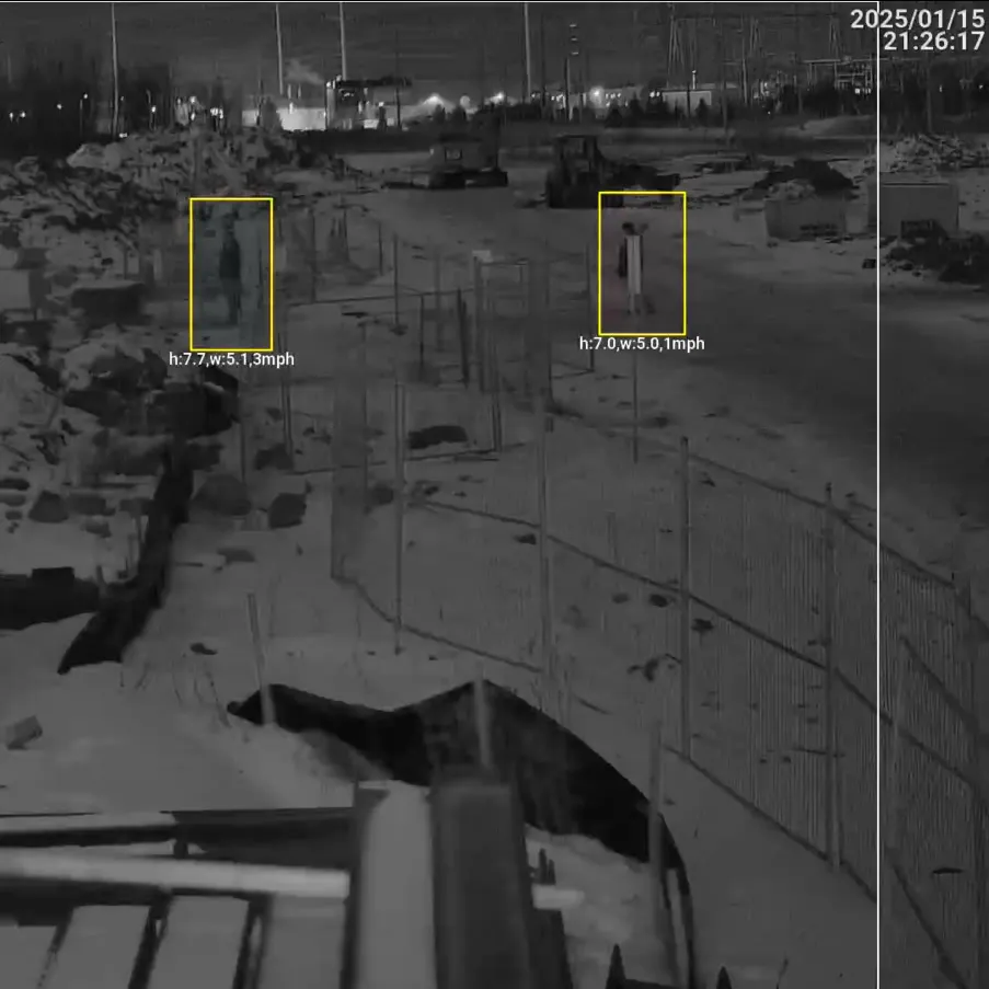 Night camera frame with analytics boxes around two people crossing the site