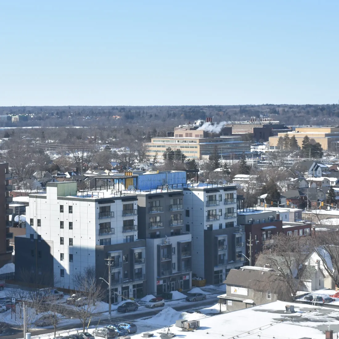 Winter view over a low-rise development under construction
