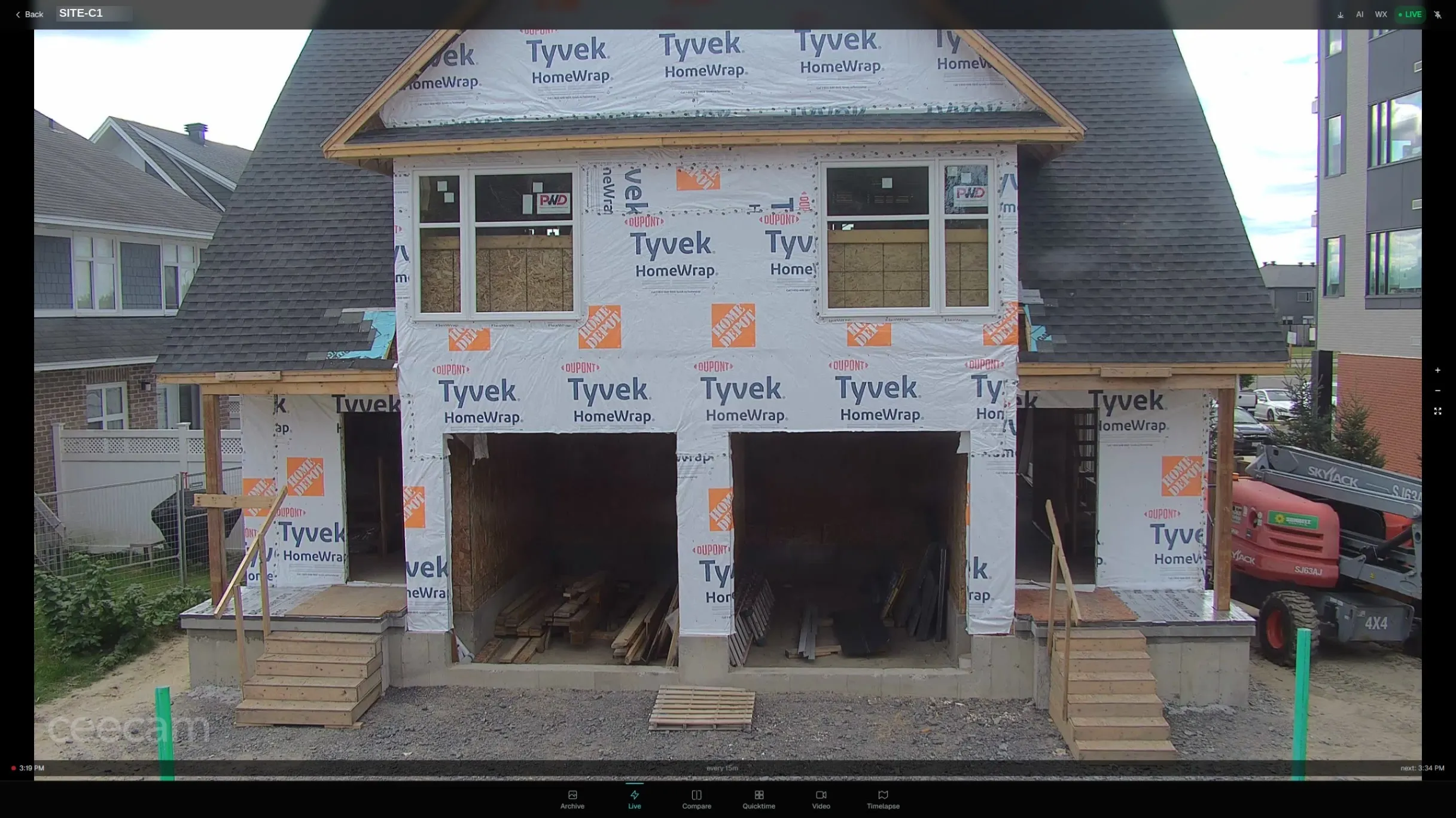 CeePlayer live view showing the current image from a construction camera, with Archive, Live, Compare, Quicktime, Video and Timelapse tabs along the bottom