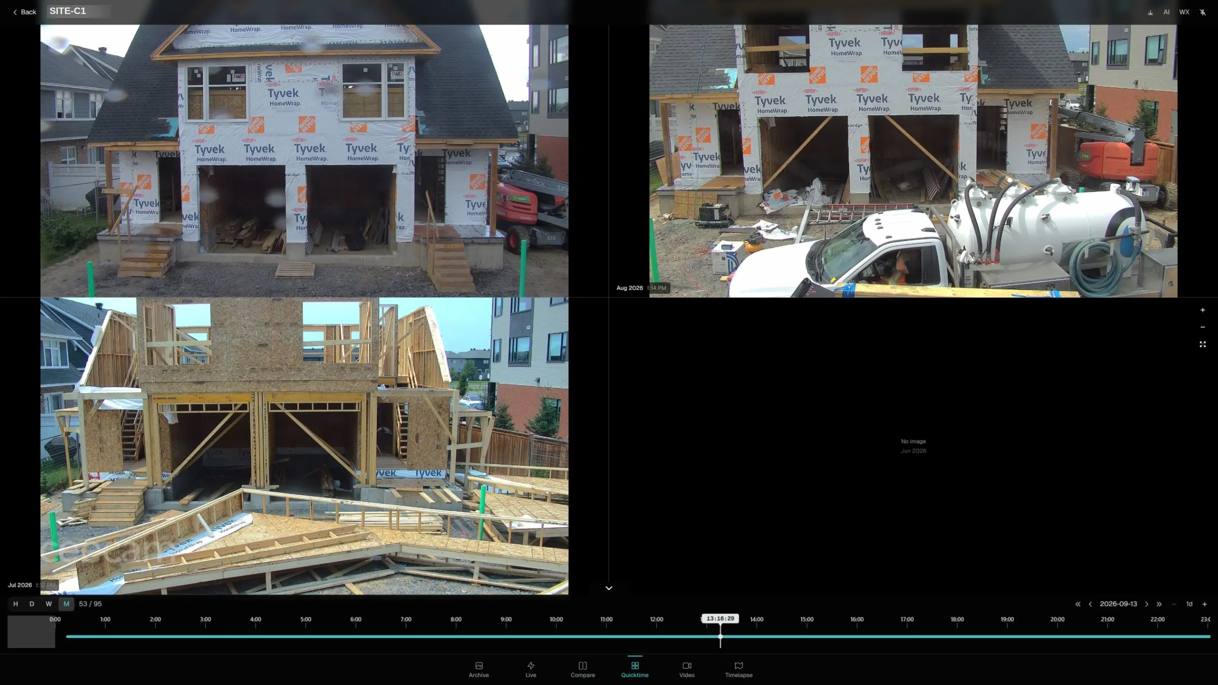 CeePlayer period grid showing the same construction viewpoint across three consecutive months, with one month marked as having no image