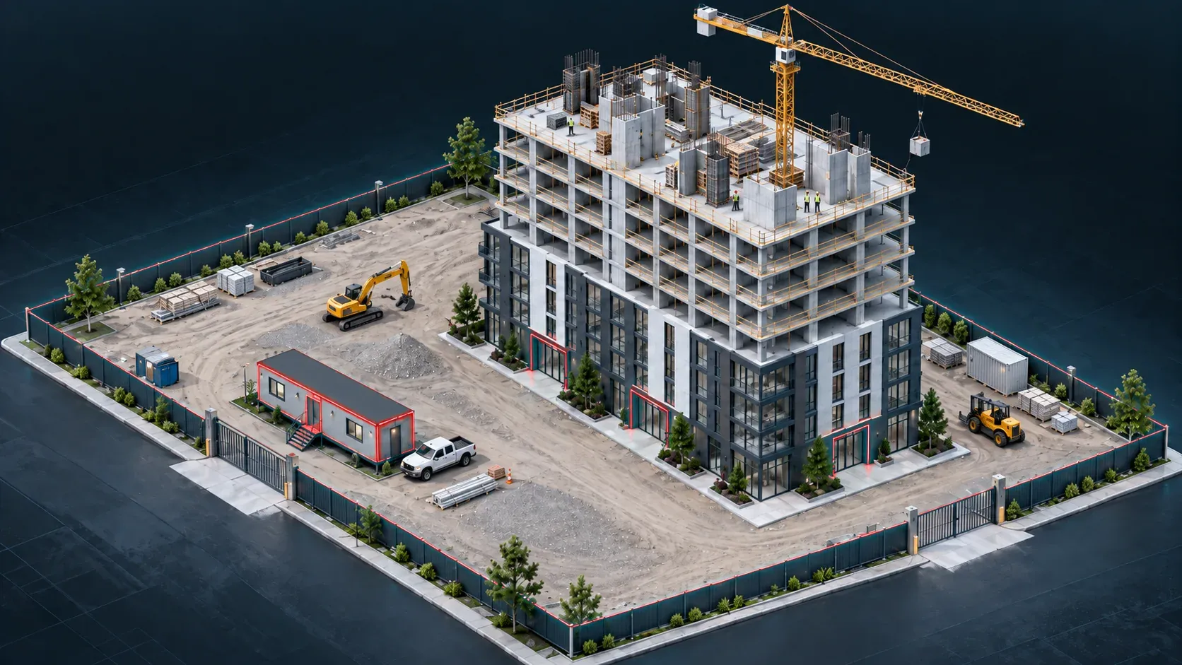Isometric view of a hoarded high-rise construction site at night: a tower crane over the concrete frame, a site office trailer, an excavator, and a lit perimeter fence