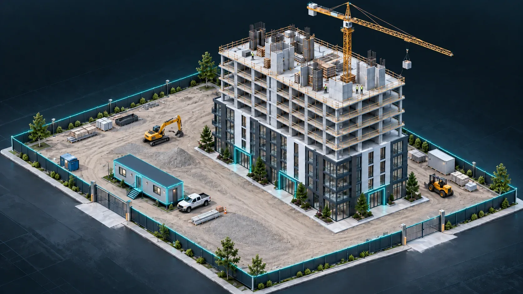 Isometric view of a hoarded high-rise construction site at night: a tower crane over the concrete frame, a site office trailer, an excavator, and a lit perimeter fence