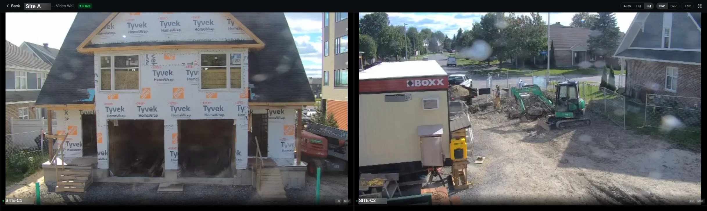 CeePlayer video wall showing two live construction camera feeds side by side in a grid with quality and layout controls